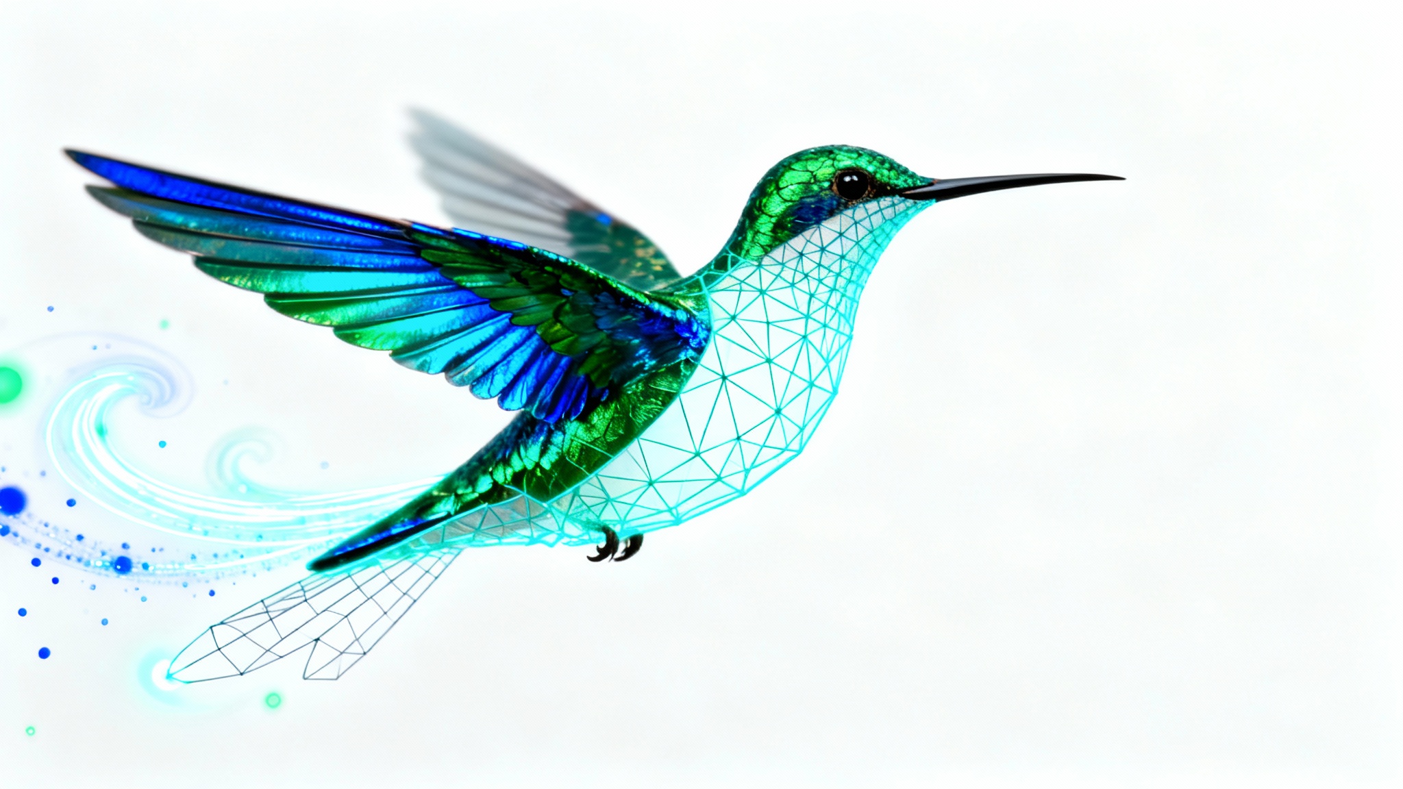 A dynamic image representing video animation, showing a futuristic hummingbird mid-flight. Its front is fully rendered with colorful metallic feathers, while its back half is a glowing blue wireframe, illustrating the animation process against a clean white background.