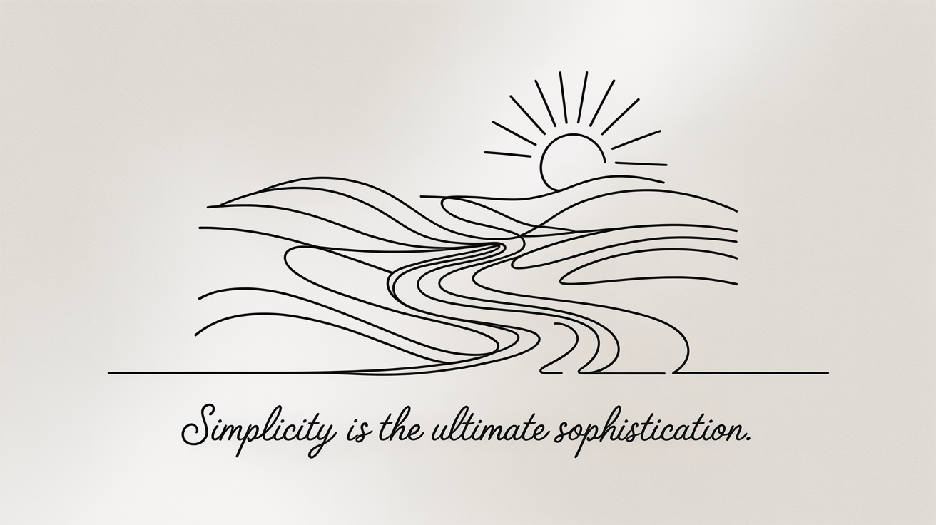 A polished digital artwork in a 16:9 format, featuring a minimalist single continuous line drawing of a landscape with hills, a river, and a sun, set against a soft off-white background. Below the line art is the text 'Simplicity is the ultimate sophistication.'