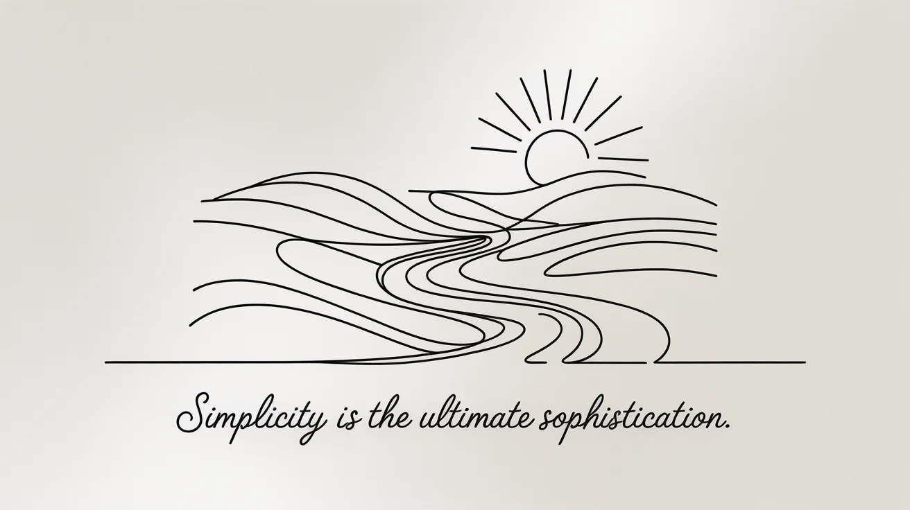 A polished digital artwork in a 16:9 format, featuring a minimalist single continuous line drawing of a landscape with hills, a river, and a sun, set against a soft off-white background. Below the line art is the text 'Simplicity is the ultimate sophistication.'