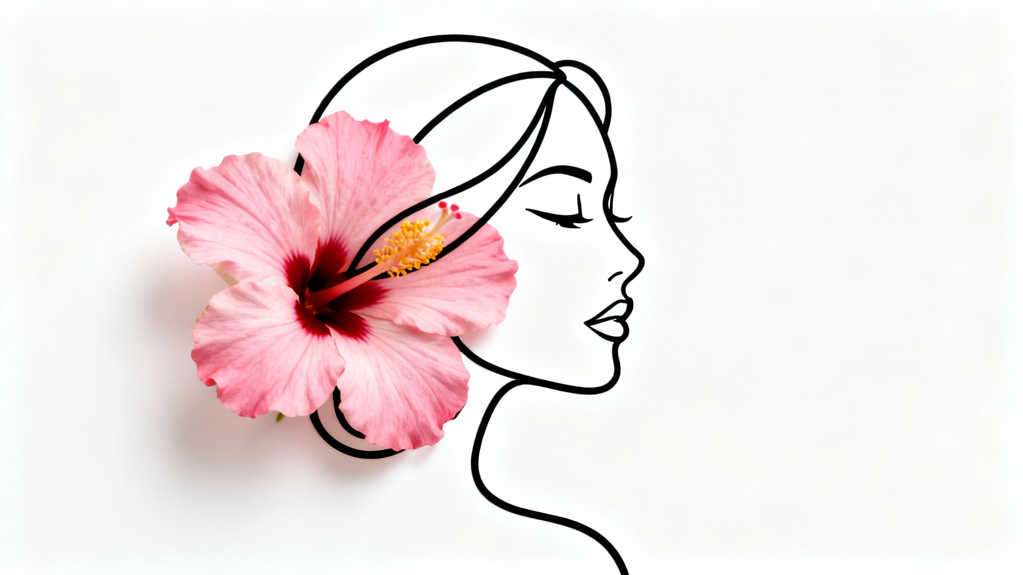 A minimalist single line art drawing of a woman's profile and a hibiscus flower, created with one continuous black line on a clean white background.