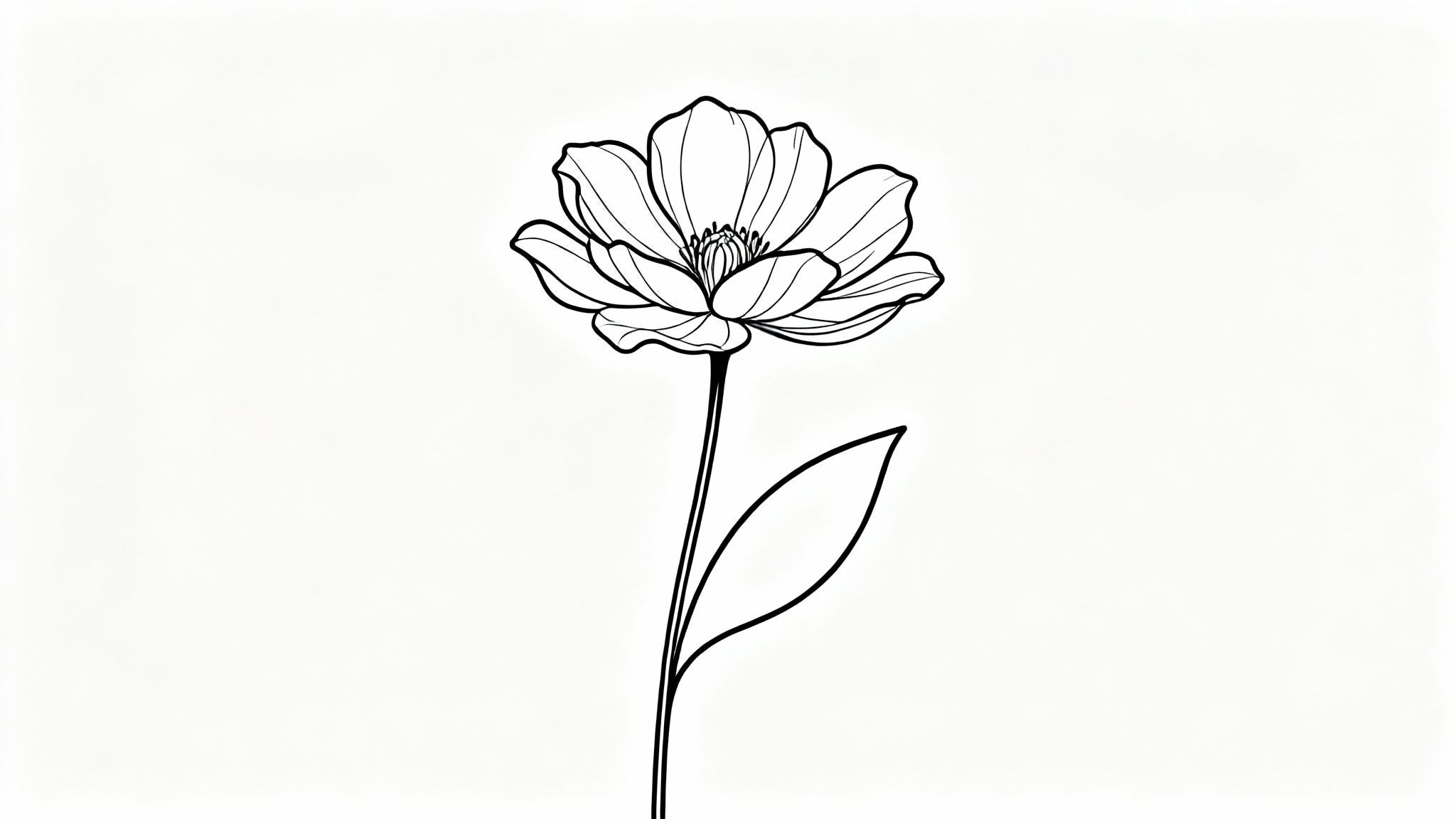 A minimalist single line art drawing of a flower, rendered in a single continuous black line on a crisp white background.