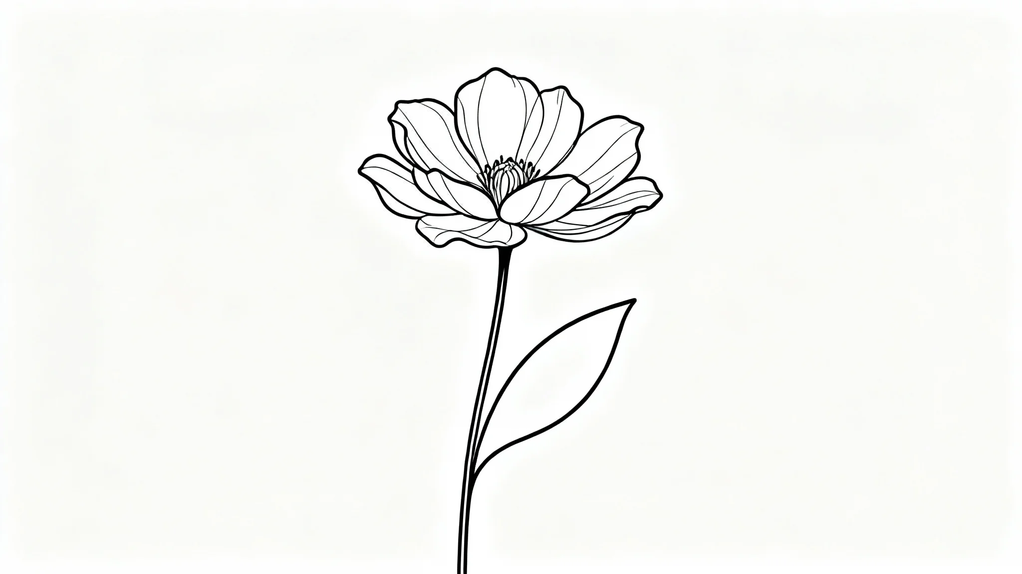 A minimalist single line art drawing of a flower, rendered in a single continuous black line on a crisp white background.