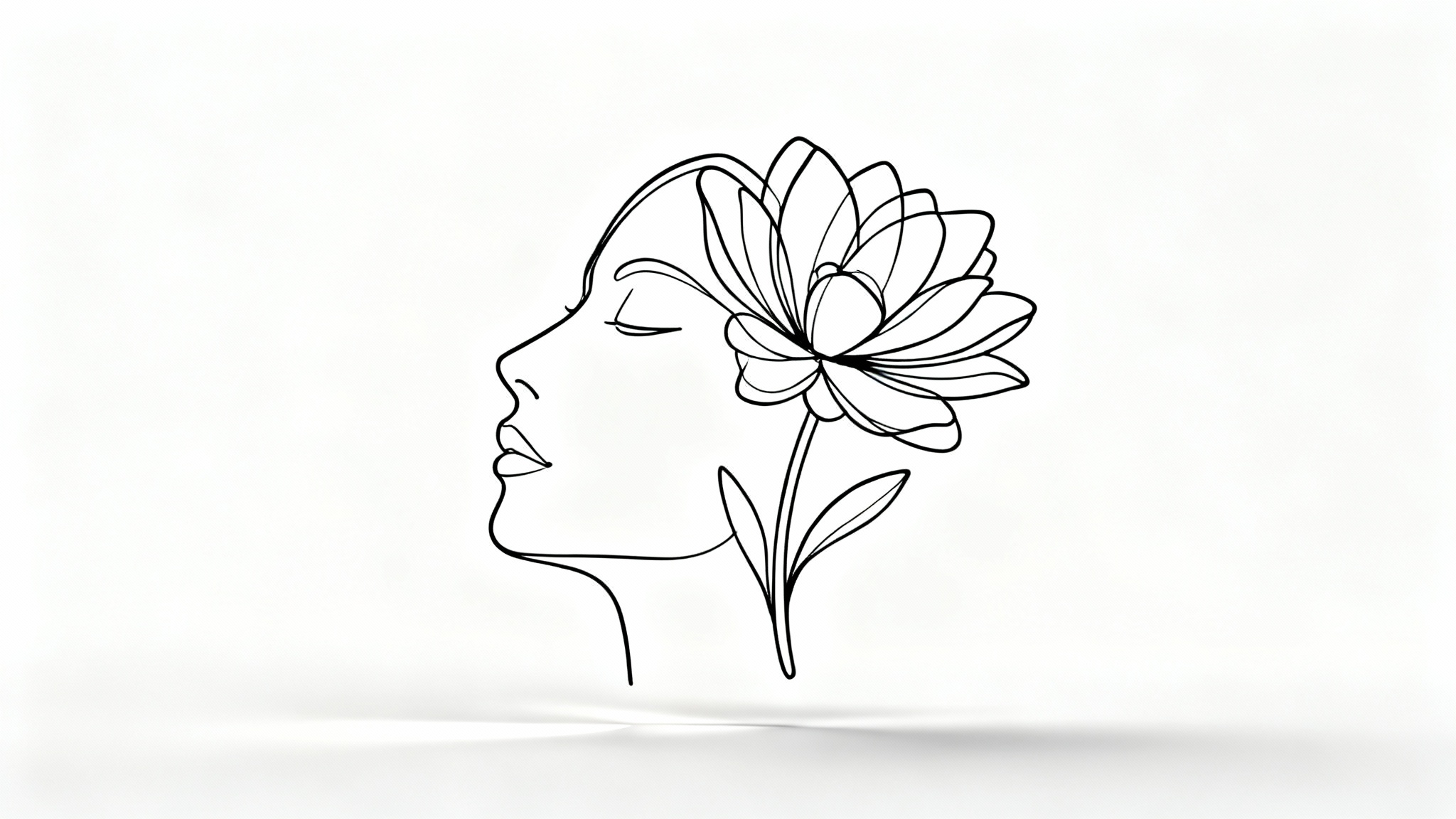 A minimalist single line art drawing of a face combined with a flower, rendered in a continuous black line on a clean white background.