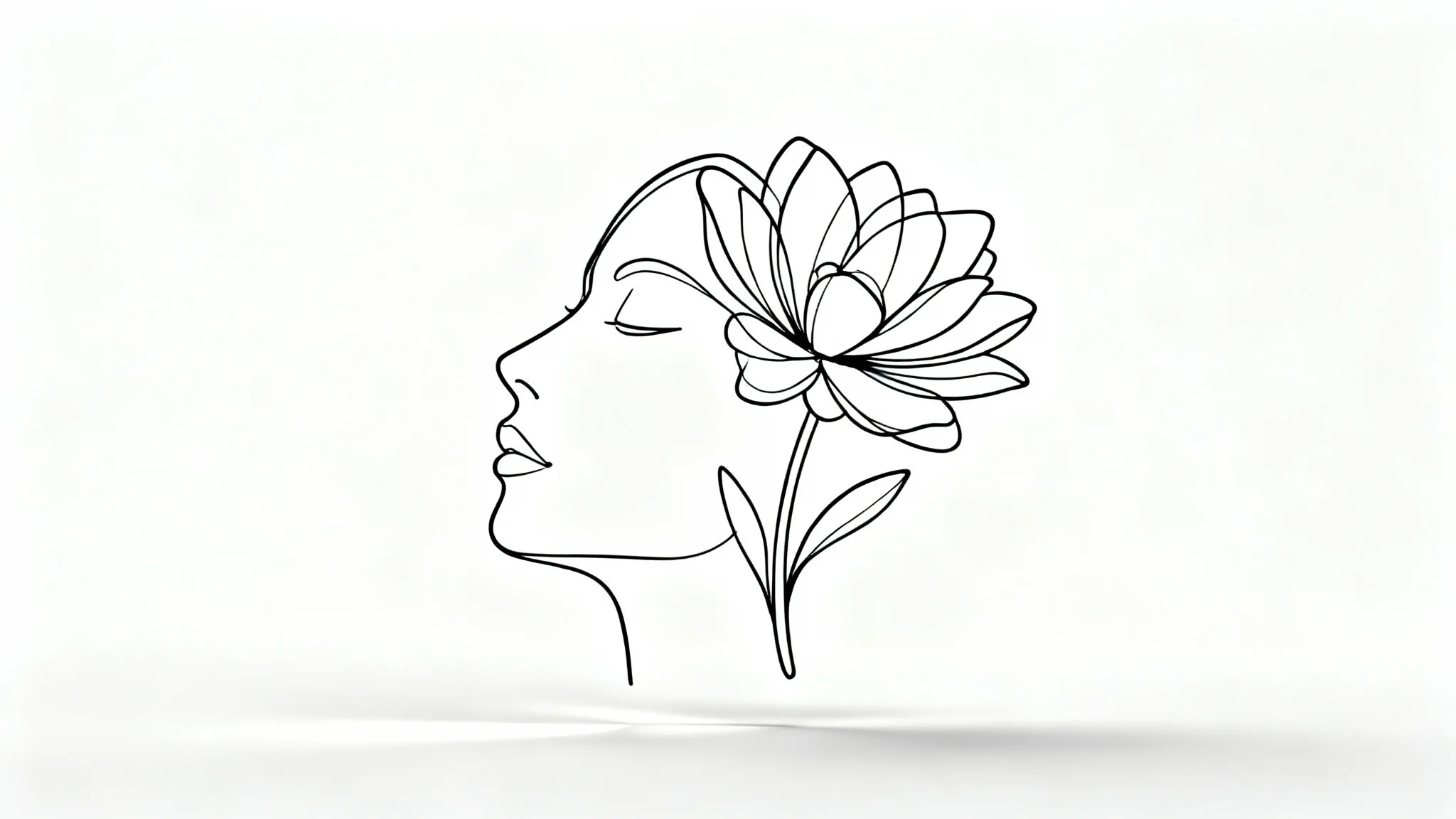 A minimalist single line art drawing of a face combined with a flower, rendered in a continuous black line on a clean white background.