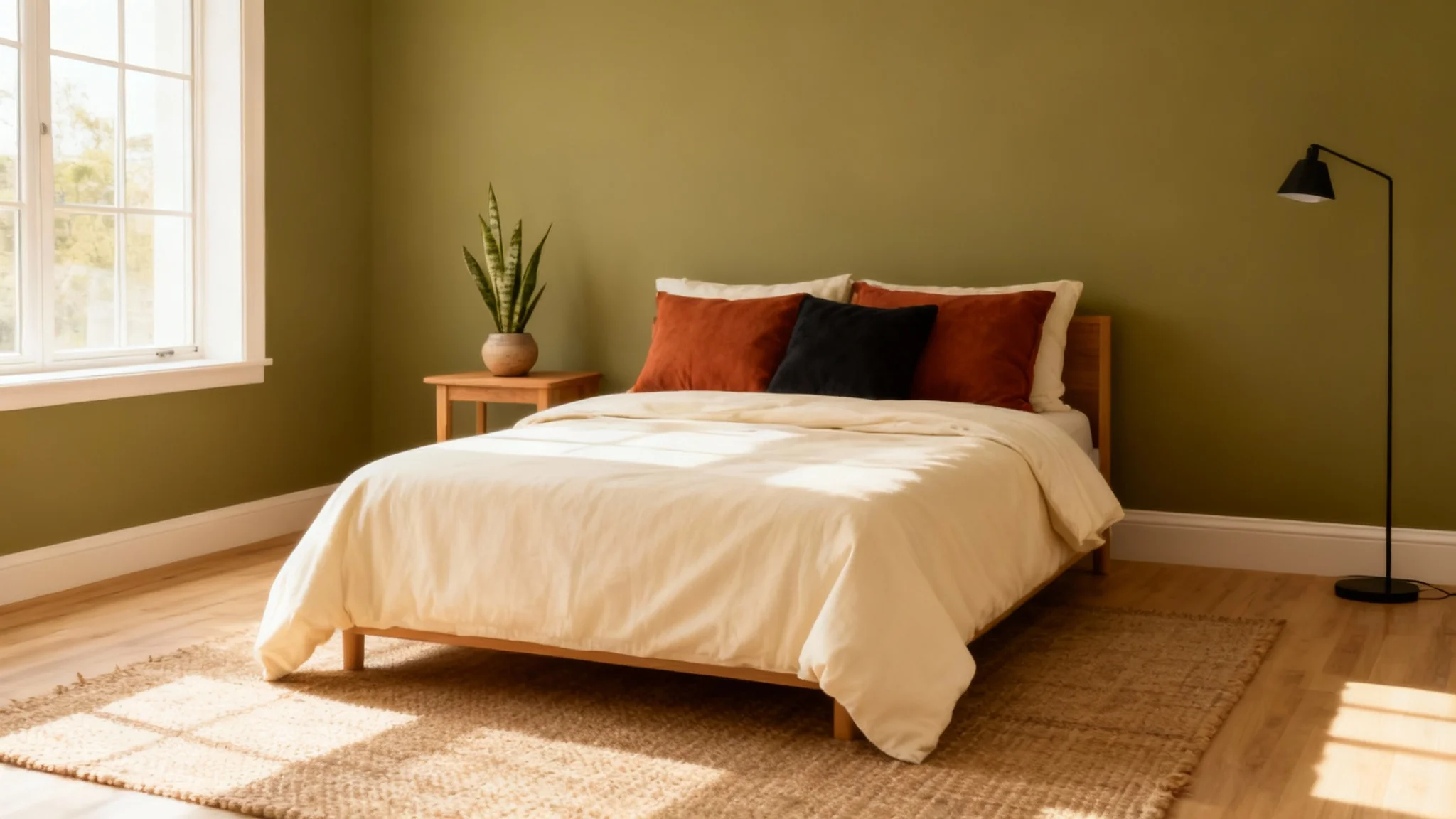 A professionally designed modern bedroom with a sage green, cream, and terracotta color scheme, shown as the final result from a color visualizer tool.