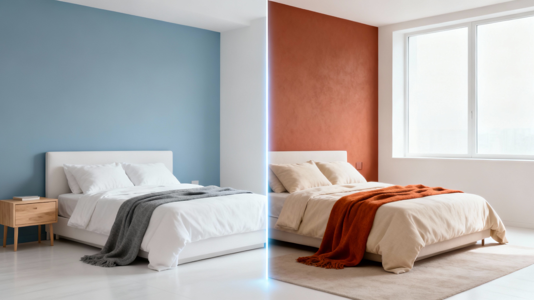 A split-view image of a modern bedroom demonstrating a color scheme visualizer. The left side shows the room with a cool blue and grey palette, while the right side shows the same room in a warm terracotta and orange palette.