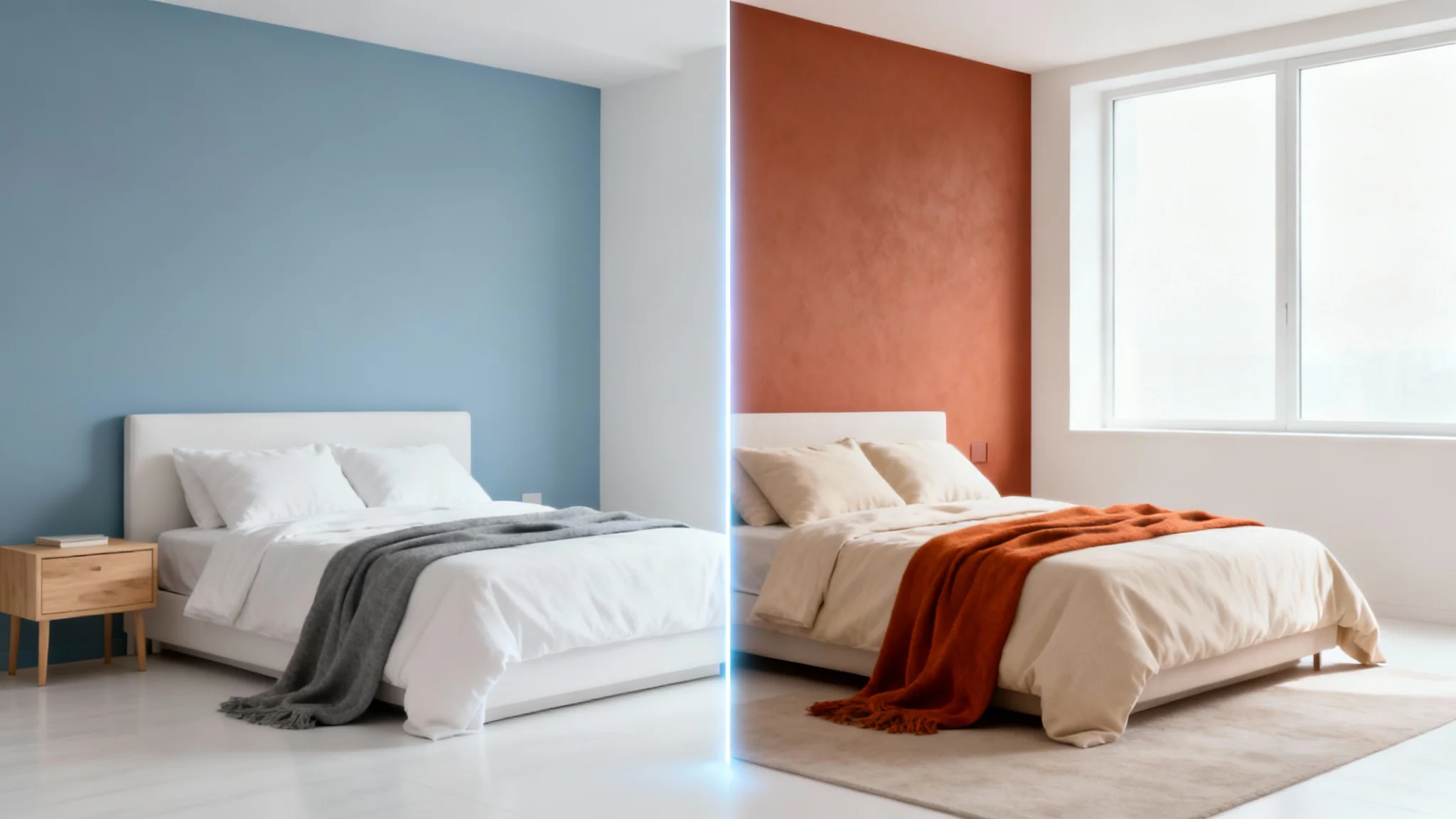 A split-view image of a modern bedroom demonstrating a color scheme visualizer. The left side shows the room with a cool blue and grey palette, while the right side shows the same room in a warm terracotta and orange palette.