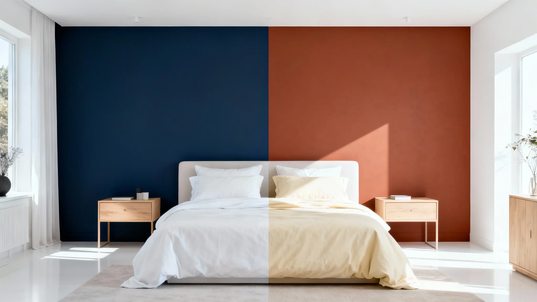 A modern bedroom split into two color schemes; the left side is cool-toned with navy blue, and the right side is warm-toned with terracotta, demonstrating a color visualizer tool.