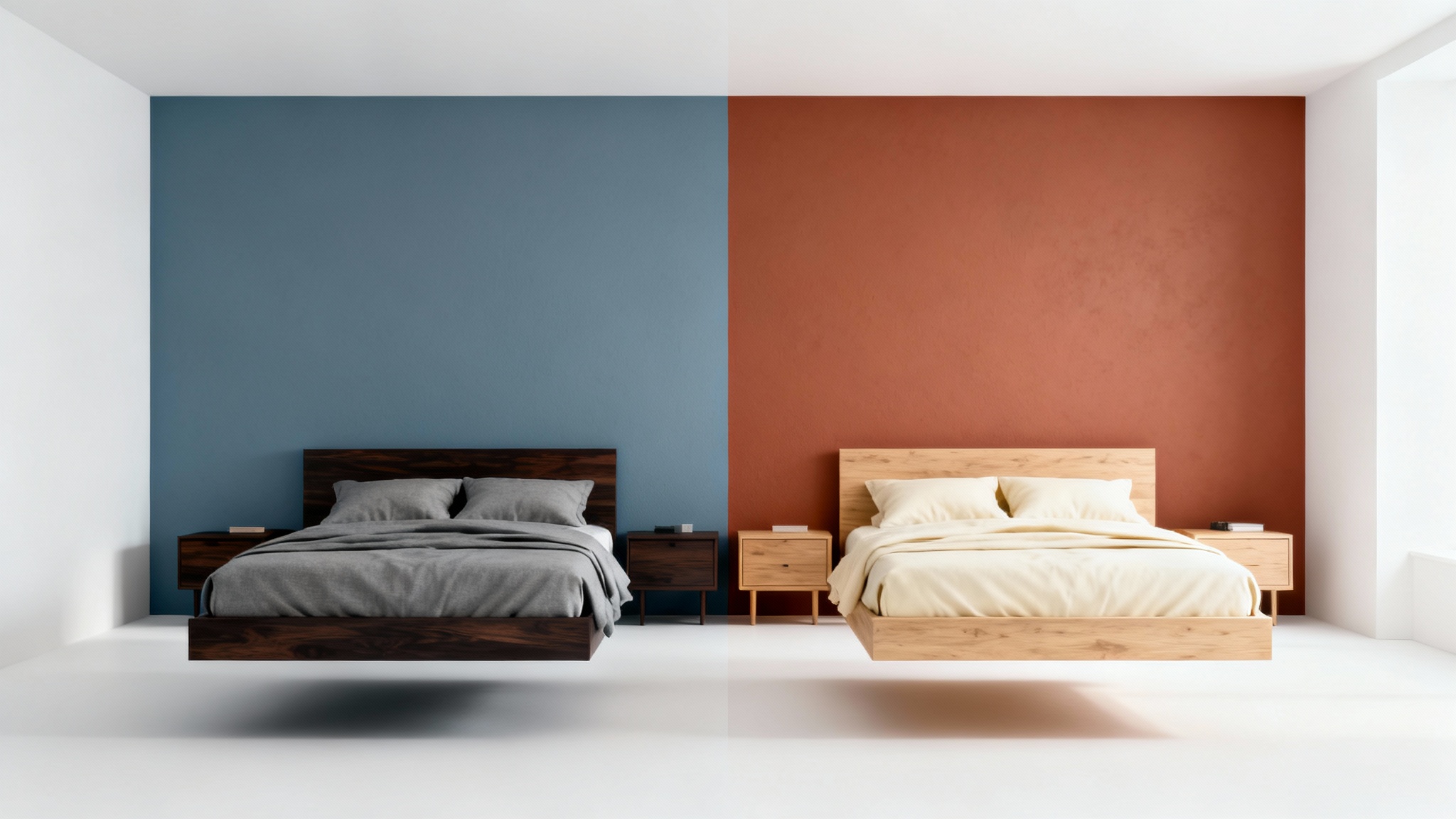 A photorealistic mockup of a modern bedroom split into two color schemes: one with cool blues and grays, and the other with warm terracotta and cream, demonstrating a color scheme visualizer.