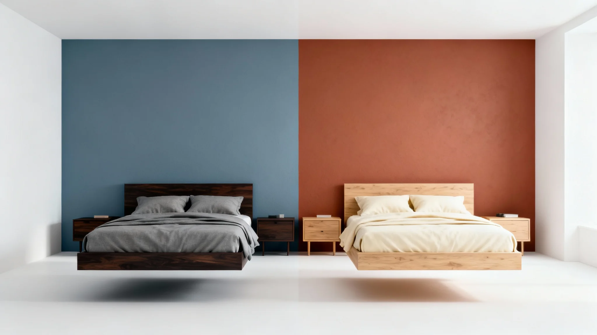 A photorealistic mockup of a modern bedroom split into two color schemes: one with cool blues and grays, and the other with warm terracotta and cream, demonstrating a color scheme visualizer.
