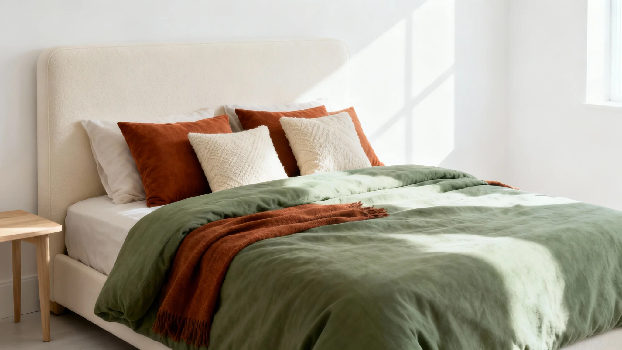 A photorealistic mockup of a modern bedroom interior showcasing a color scheme of sage green, terracotta, and cream, isolated on a clean white background.