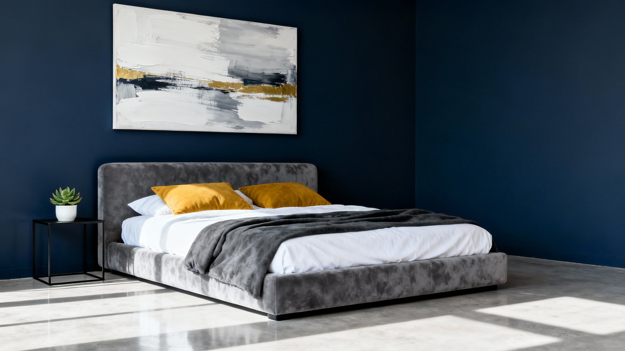 A modern minimalist bedroom featuring a deep navy blue accent wall, a grey upholstered bed with white and yellow accents, and bright, natural lighting.