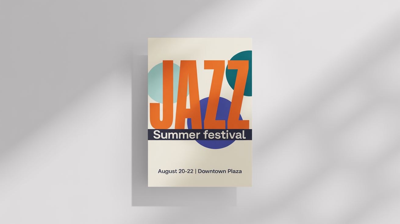 A modern graphic design poster for a 'JAZZ SUMMER FESTIVAL', showcasing rotated text as a key design element, set against a clean white background.