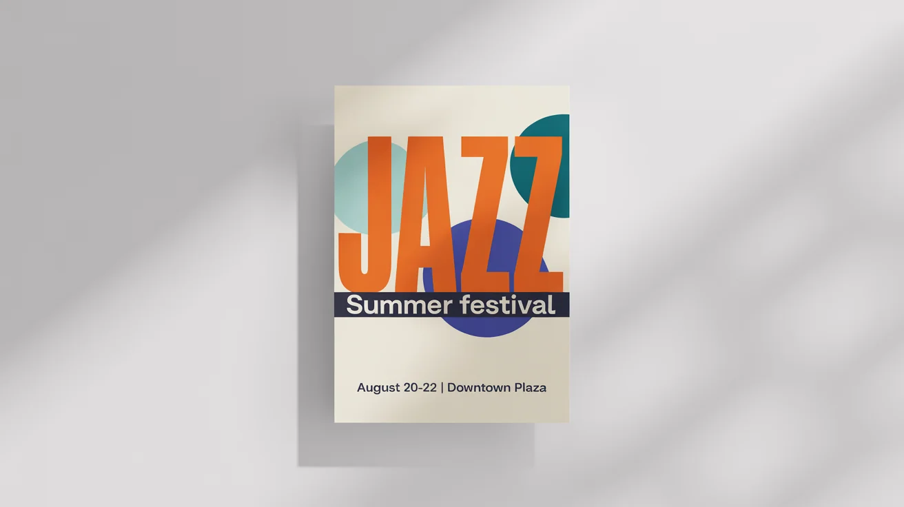 A modern graphic design poster for a 'JAZZ SUMMER FESTIVAL', showcasing rotated text as a key design element, set against a clean white background.