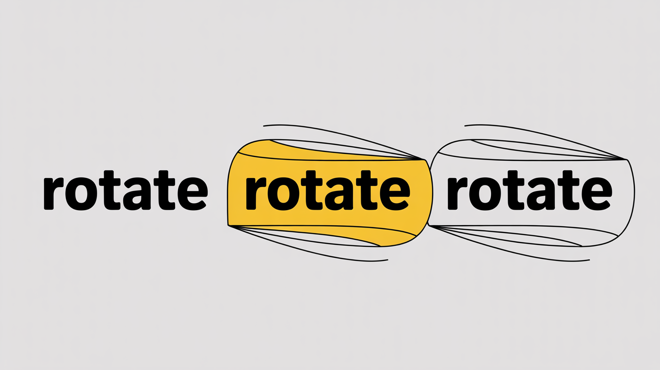 A graphic design image demonstrating text rotation. The word 'ROTATE' is shown several times in black and yellow, each at a different angle, on a white background.