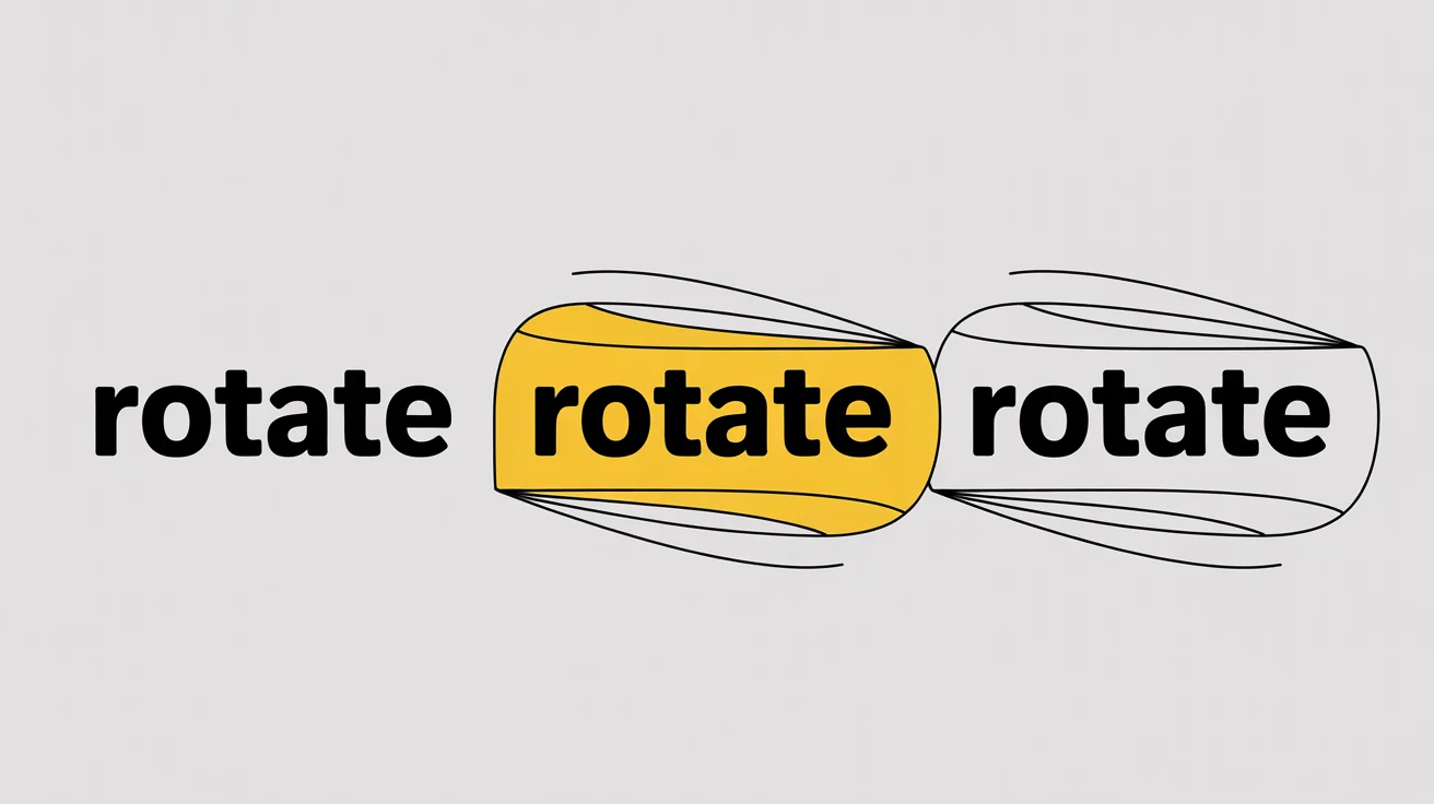 A graphic design image demonstrating text rotation. The word 'ROTATE' is shown several times in black and yellow, each at a different angle, on a white background.