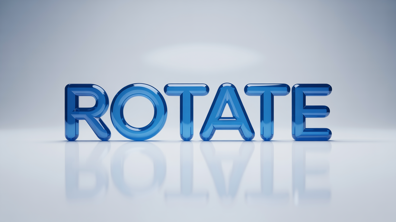 A 3D rendering of the word ROTATE on a white background, where each letter is progressively rotated to demonstrate a text rotation effect.