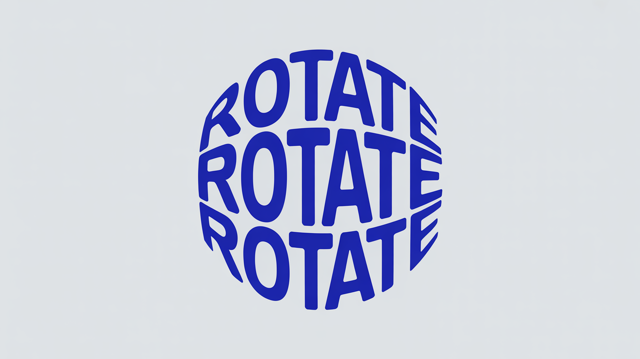An abstract graphic illustrating text rotation. The word 'ROTATE' is repeated in a circular formation, with each word angled differently to create a spinning effect, all set against a clean white background.