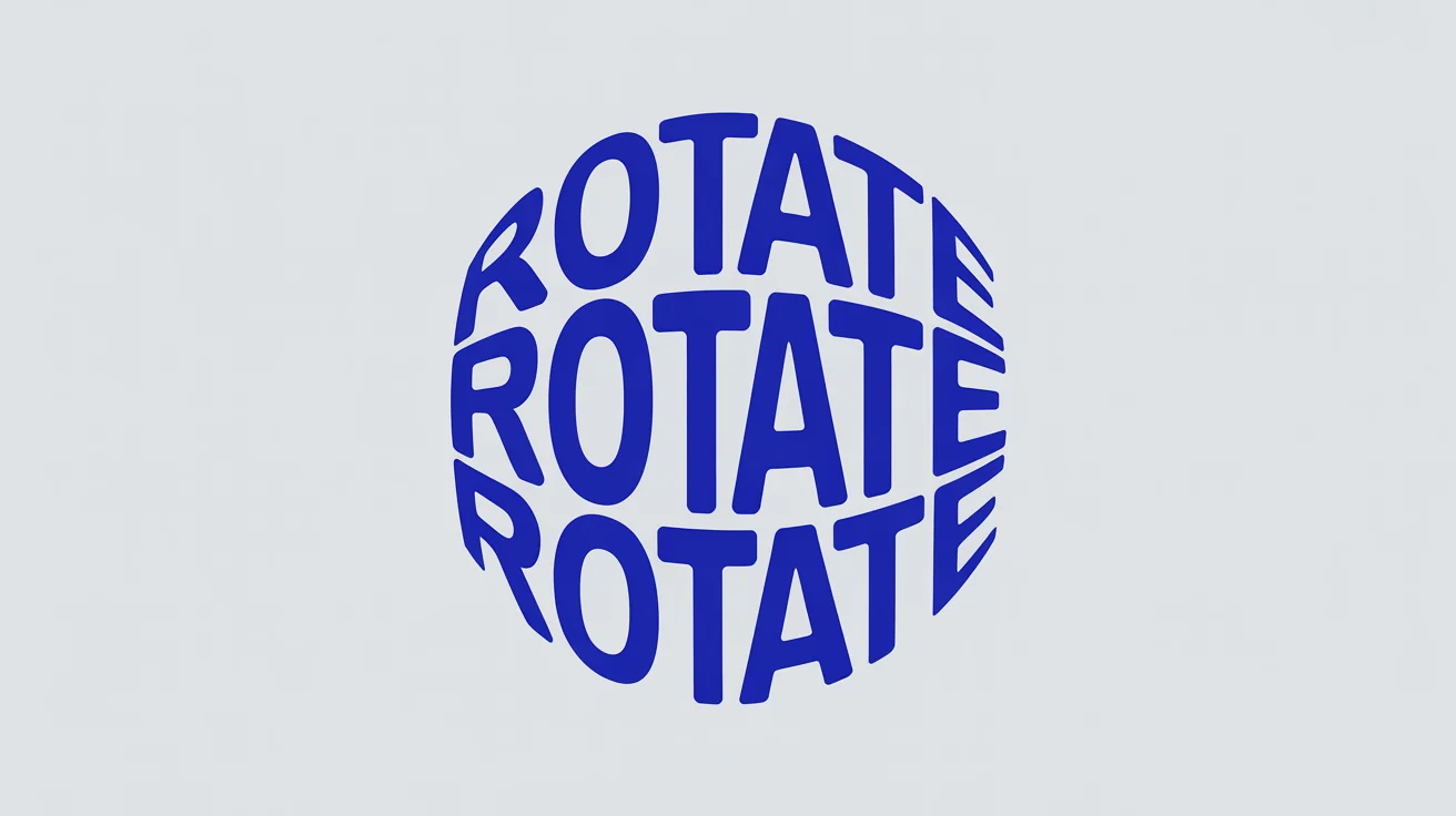 An abstract graphic illustrating text rotation. The word 'ROTATE' is repeated in a circular formation, with each word angled differently to create a spinning effect, all set against a clean white background.
