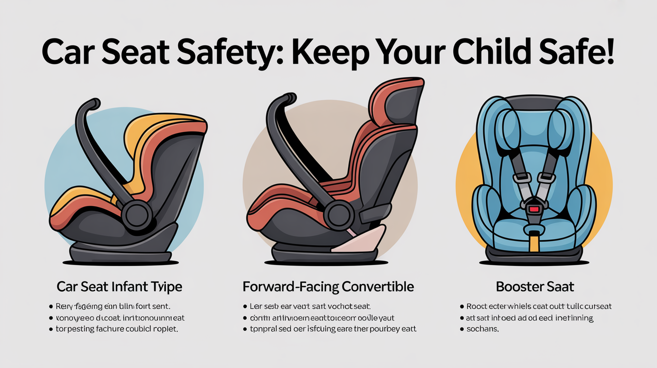 A polished and professional car seat safety infographic with the title 'Car Seat Safety: Keep Your Child Safe!'. It features vector illustrations of infant, convertible, and booster seats, each with corresponding safety guidelines in a clean, modern layout.