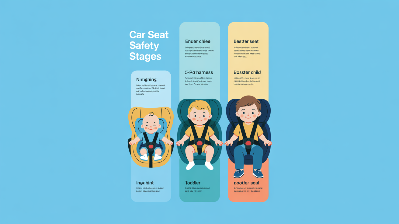 A car seat safety infographic showing the three stages of use: rear-facing for infants, forward-facing for toddlers, and booster seats for children, all in a clean, modern vector illustration style.