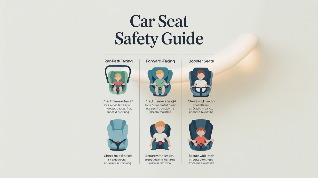 A car seat safety infographic mockup showing three stages of car seat use: rear-facing, forward-facing, and booster seat, with illustrations and safety tips under each category.
