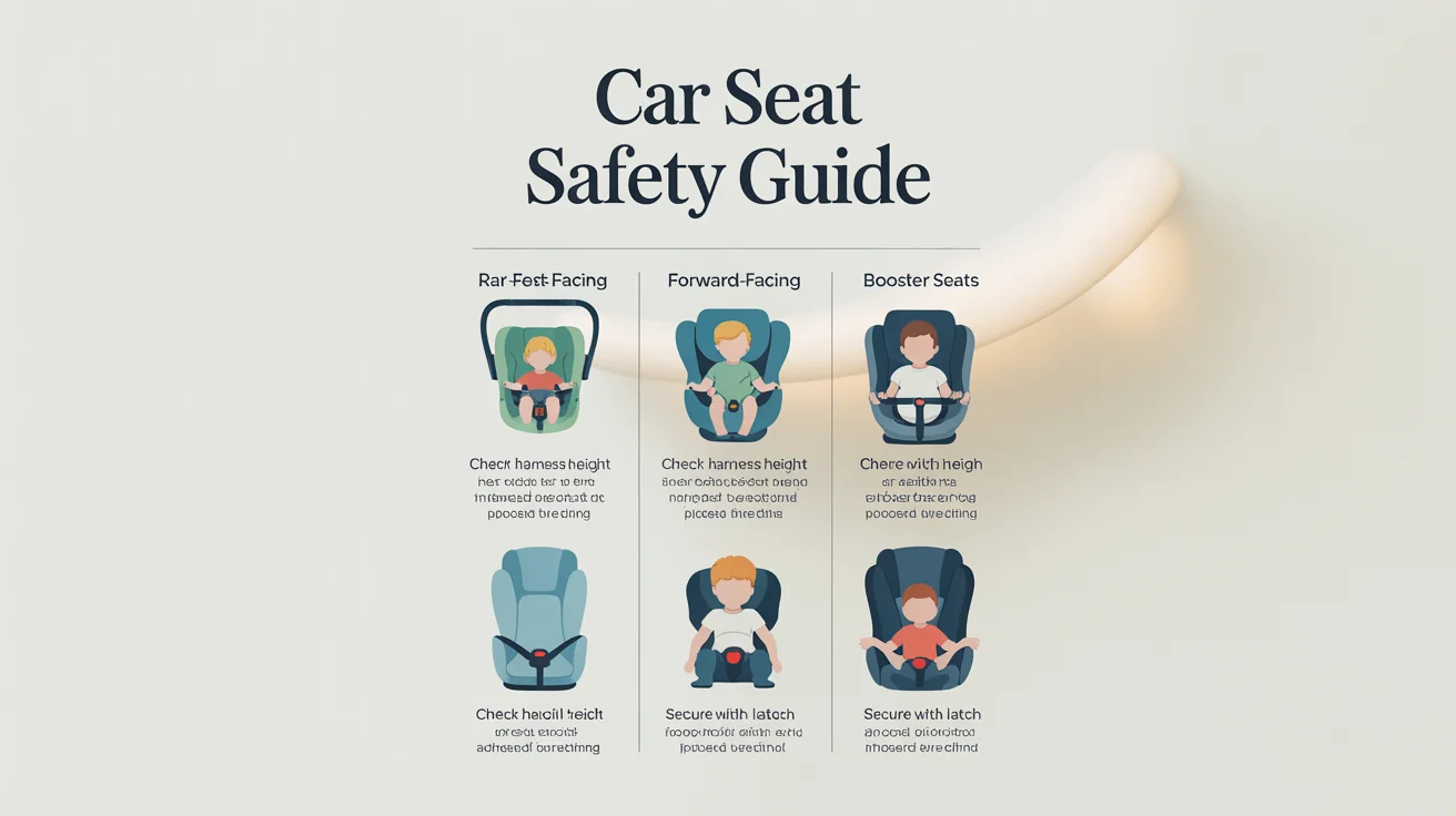 A car seat safety infographic mockup showing three stages of car seat use: rear-facing, forward-facing, and booster seat, with illustrations and safety tips under each category.
