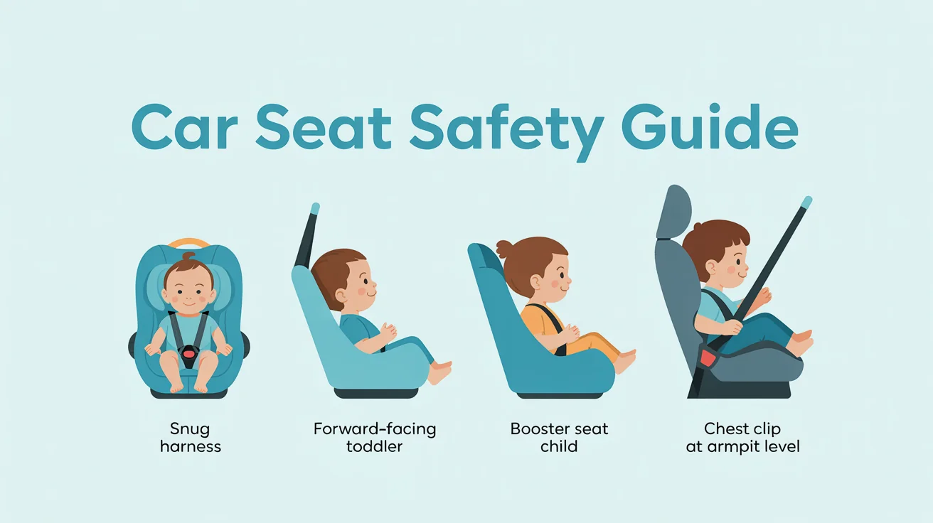 A clear and simple infographic about car seat safety, showing the four stages of car seat use: rear-facing, forward-facing, booster seat, and seat belt, with illustrations for each stage.