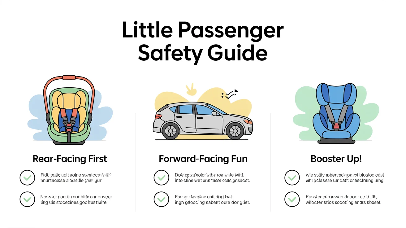A modern infographic mockup about car seat safety, showing stylized illustrations of rear-facing, forward-facing, and booster seats with safety labels against a white background.