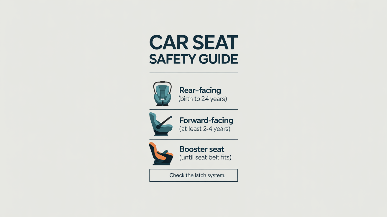 A modern infographic detailing car seat safety guidelines. It shows three stages, Rear-Facing, Forward-Facing, and Booster Seat, each with a corresponding icon and age/size recommendation. The title 'Car Seat Safety Guide' is prominently displayed at the top.