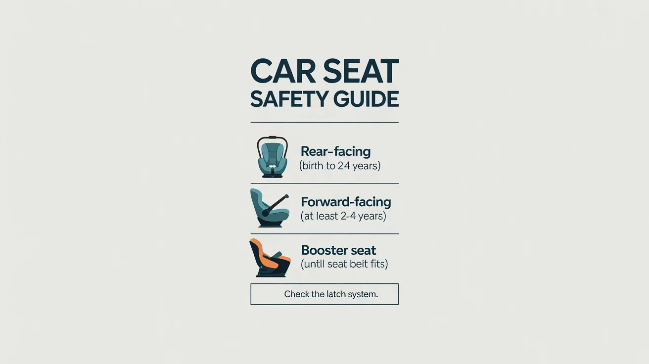 A modern infographic detailing car seat safety guidelines. It shows three stages, Rear-Facing, Forward-Facing, and Booster Seat, each with a corresponding icon and age/size recommendation. The title 'Car Seat Safety Guide' is prominently displayed at the top.