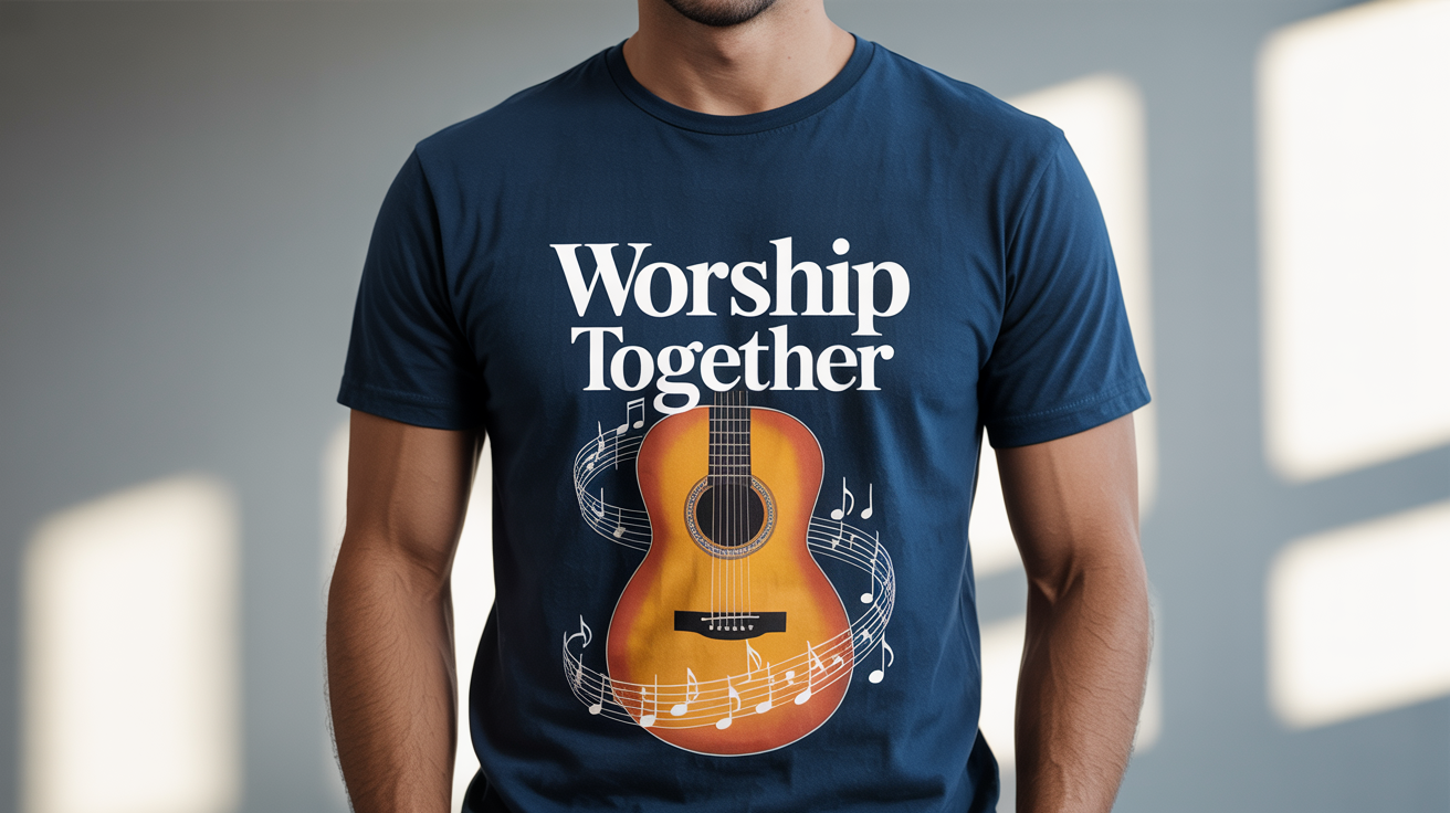 A close-up of a person wearing a navy blue t-shirt with a professionally designed graphic that says 'Worship Together' featuring a guitar and musical notes.