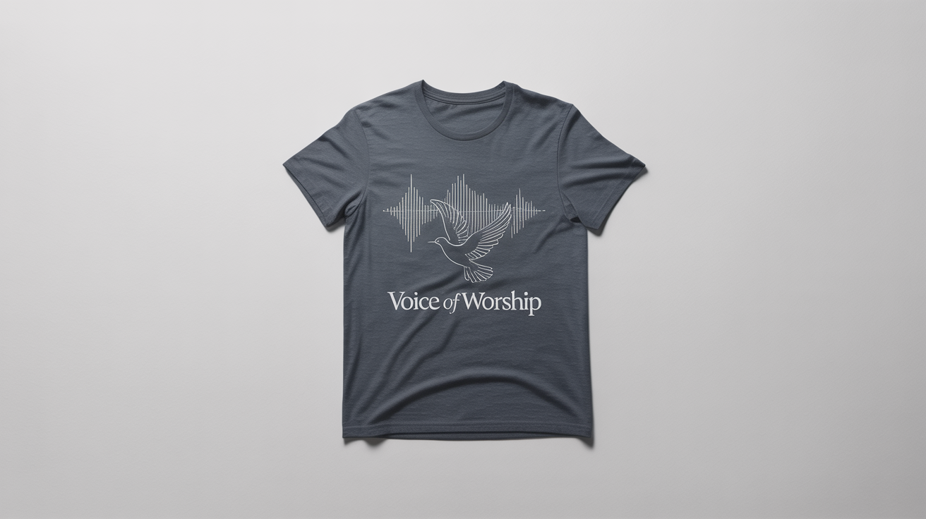 A heather gray worship team t-shirt laid flat, featuring a white line art design of a dove and sound waves with the text 'VOICE OF WORSHIP' below it.
