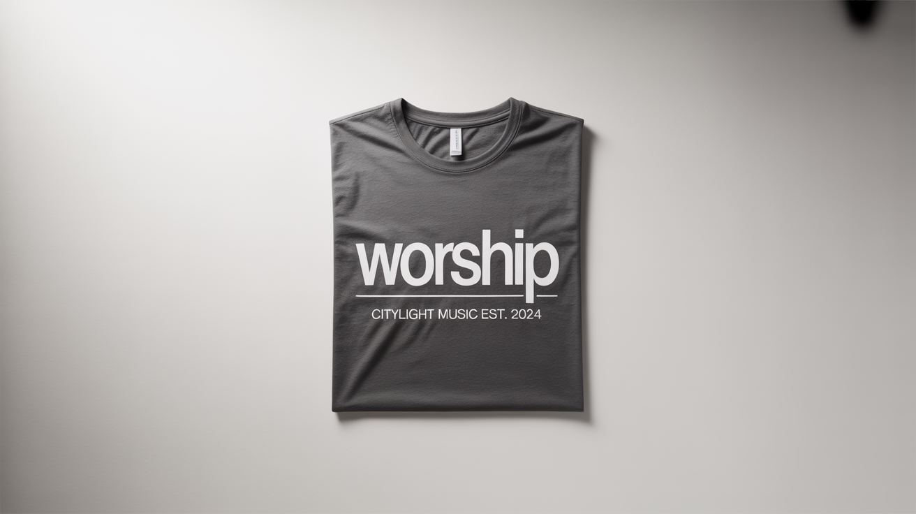 A mockup of a heather gray worship team t-shirt with the word 'WORSHIP' and 'CITYLIGHT MUSIC EST. 2024' printed in a modern font, folded neatly on a white background.