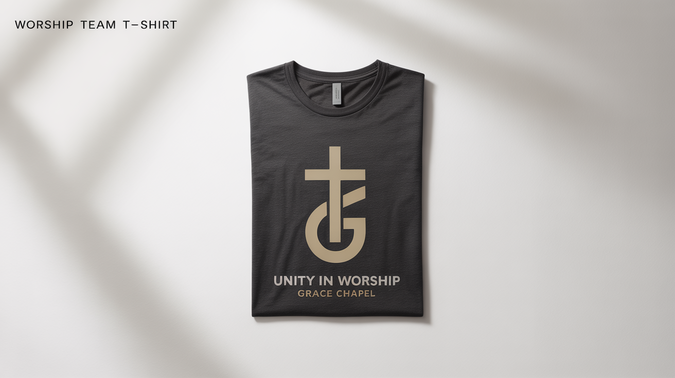A mockup of a dark charcoal t-shirt for a worship team laid flat on a white background, featuring a gold design of a cross and a G-clef with the text 'Unity in Worship' and 'Grace Chapel'.
