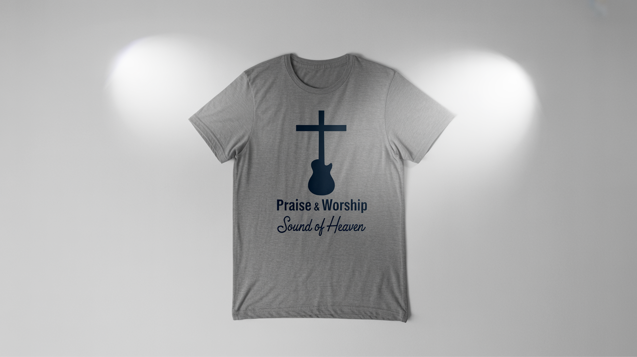 A heather gray worship team t-shirt laid flat on a white background, featuring a navy blue design of a cross and guitar with the text 'PRAISE & WORSHIP' and 'Sound of Heaven'.