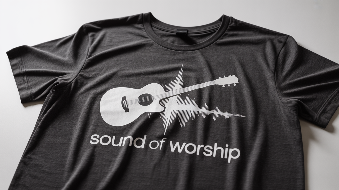 A product mockup of a heather charcoal t-shirt for a worship team, laid flat on a white background. The shirt has a white graphic of a guitar, sound wave, and cross, with the text 'Sound of Worship' below it.