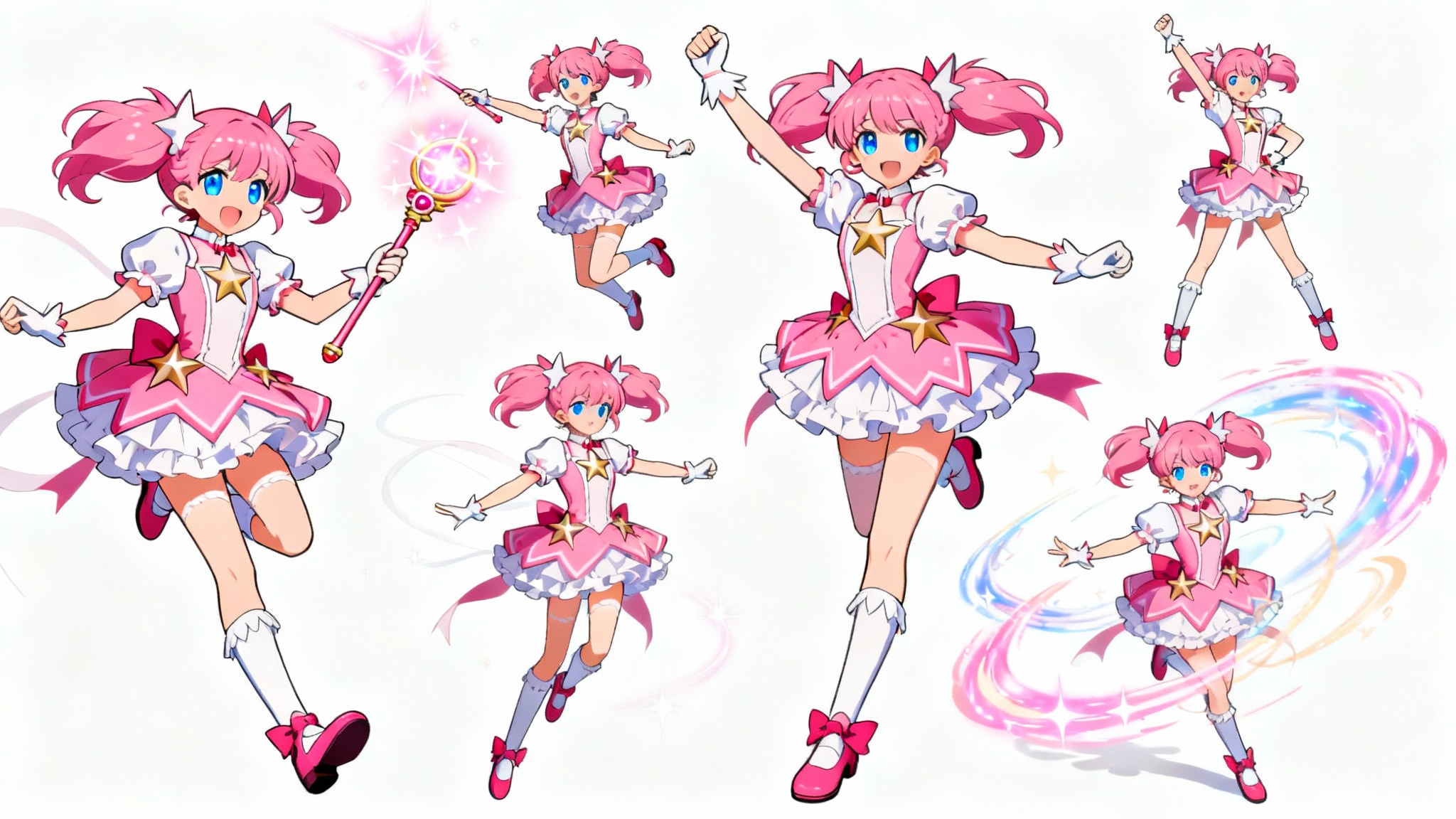 An anime character pose reference sheet showing a magical girl with pink hair in various dynamic poses, such as casting spells and jumping, all on a clean white background.