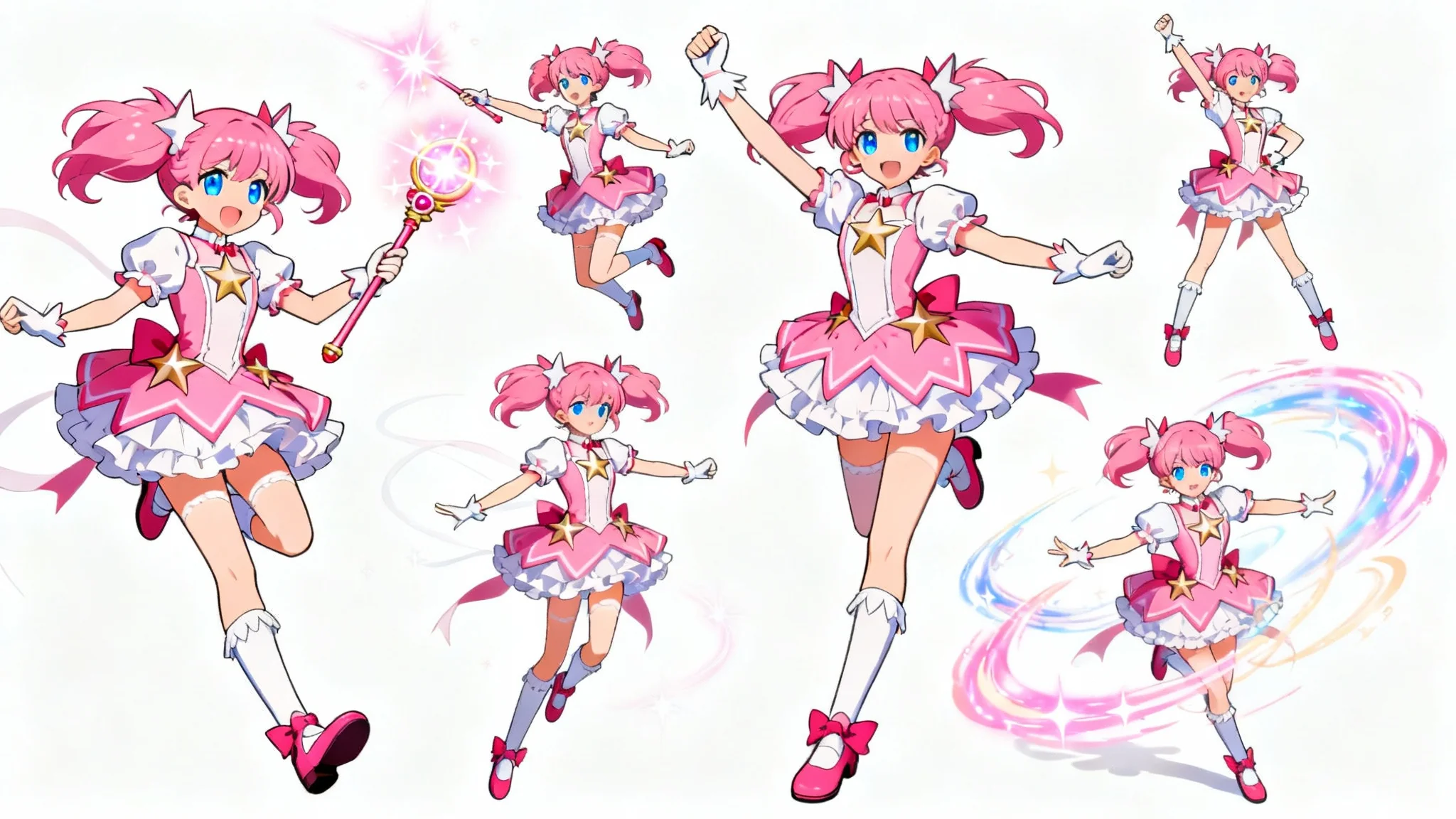 An anime character pose reference sheet showing a magical girl with pink hair in various dynamic poses, such as casting spells and jumping, all on a clean white background.