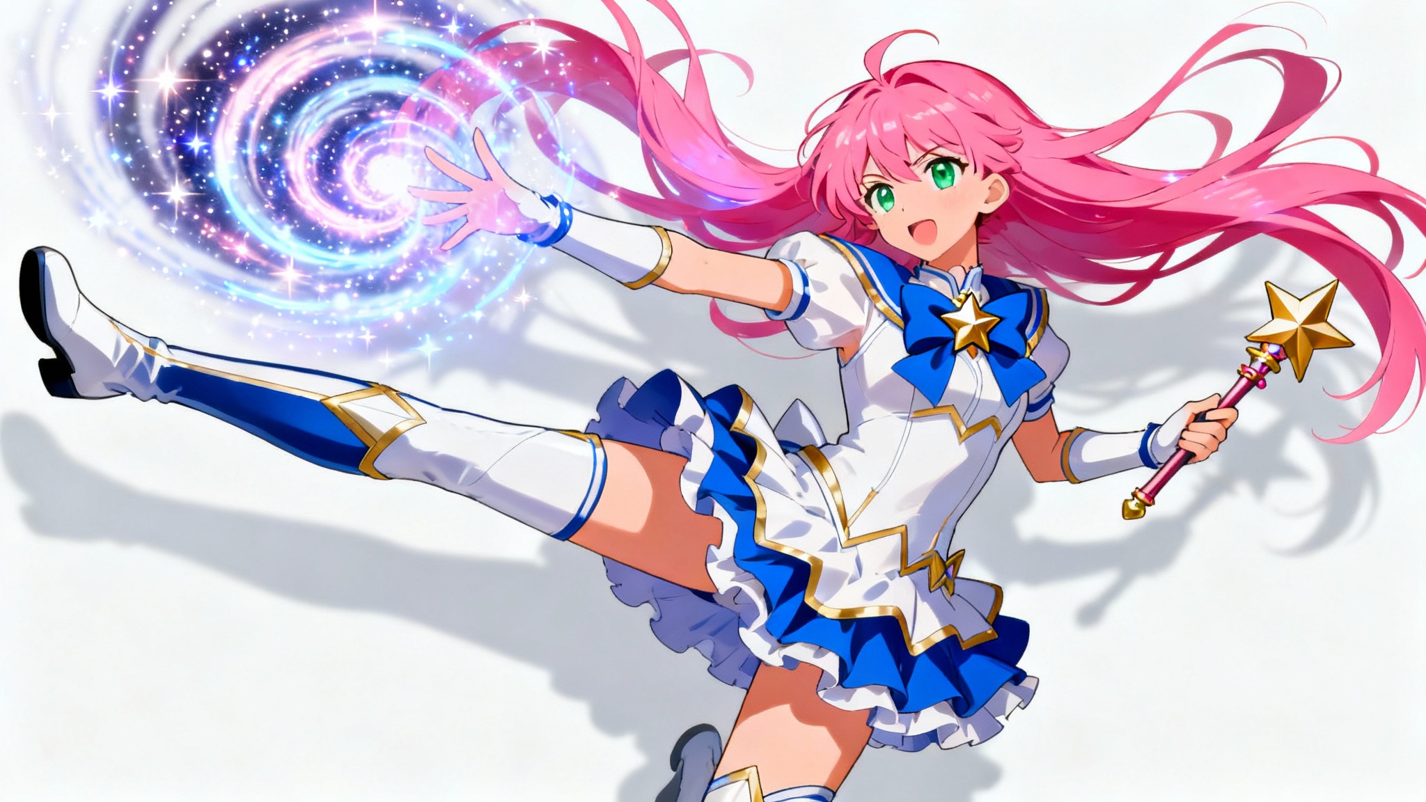 A full-body anime illustration of a magical girl with pink hair in a dynamic fighting pose against a plain white background, perfect as a drawing reference.