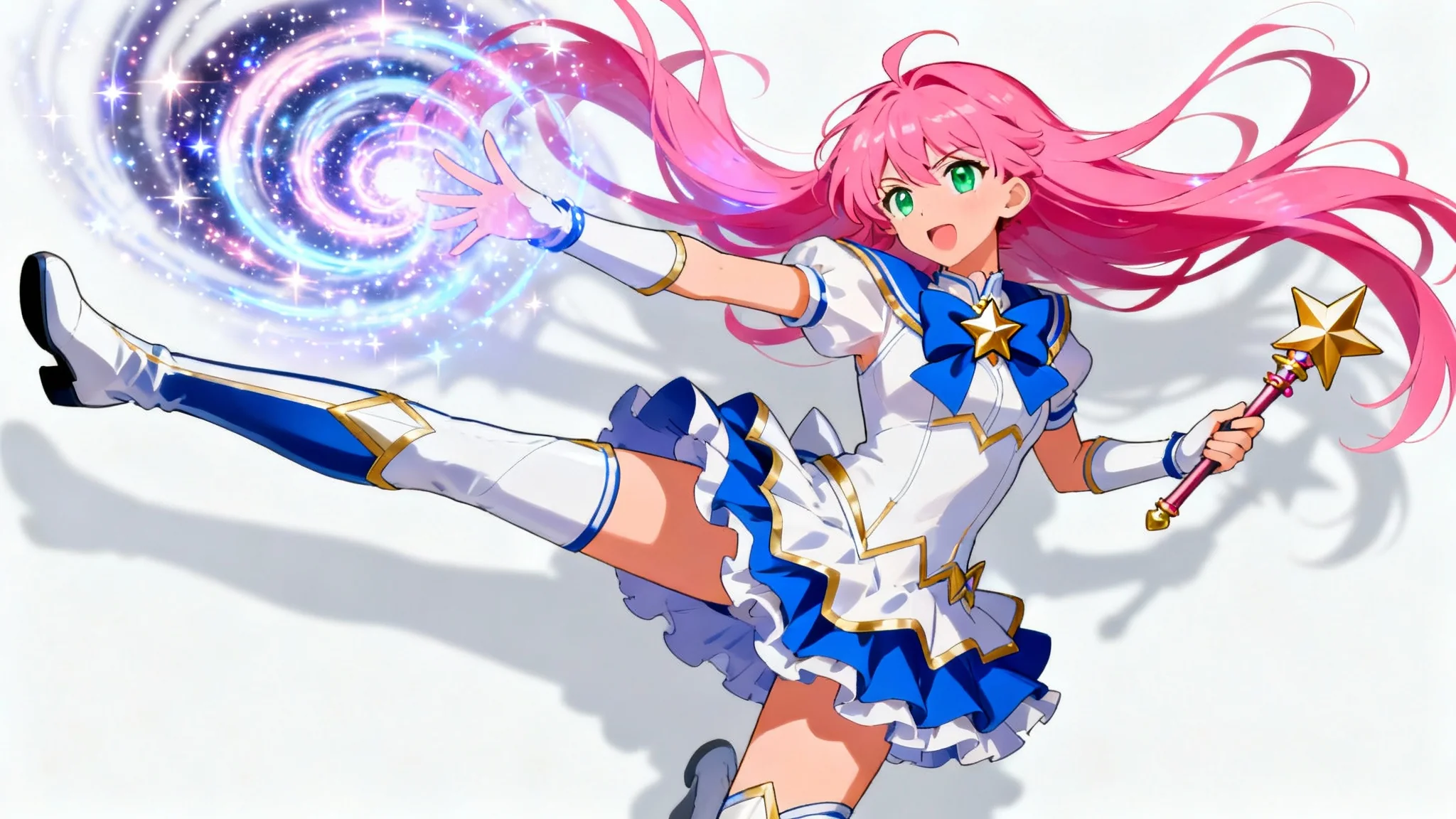 A full-body anime illustration of a magical girl with pink hair in a dynamic fighting pose against a plain white background, perfect as a drawing reference.