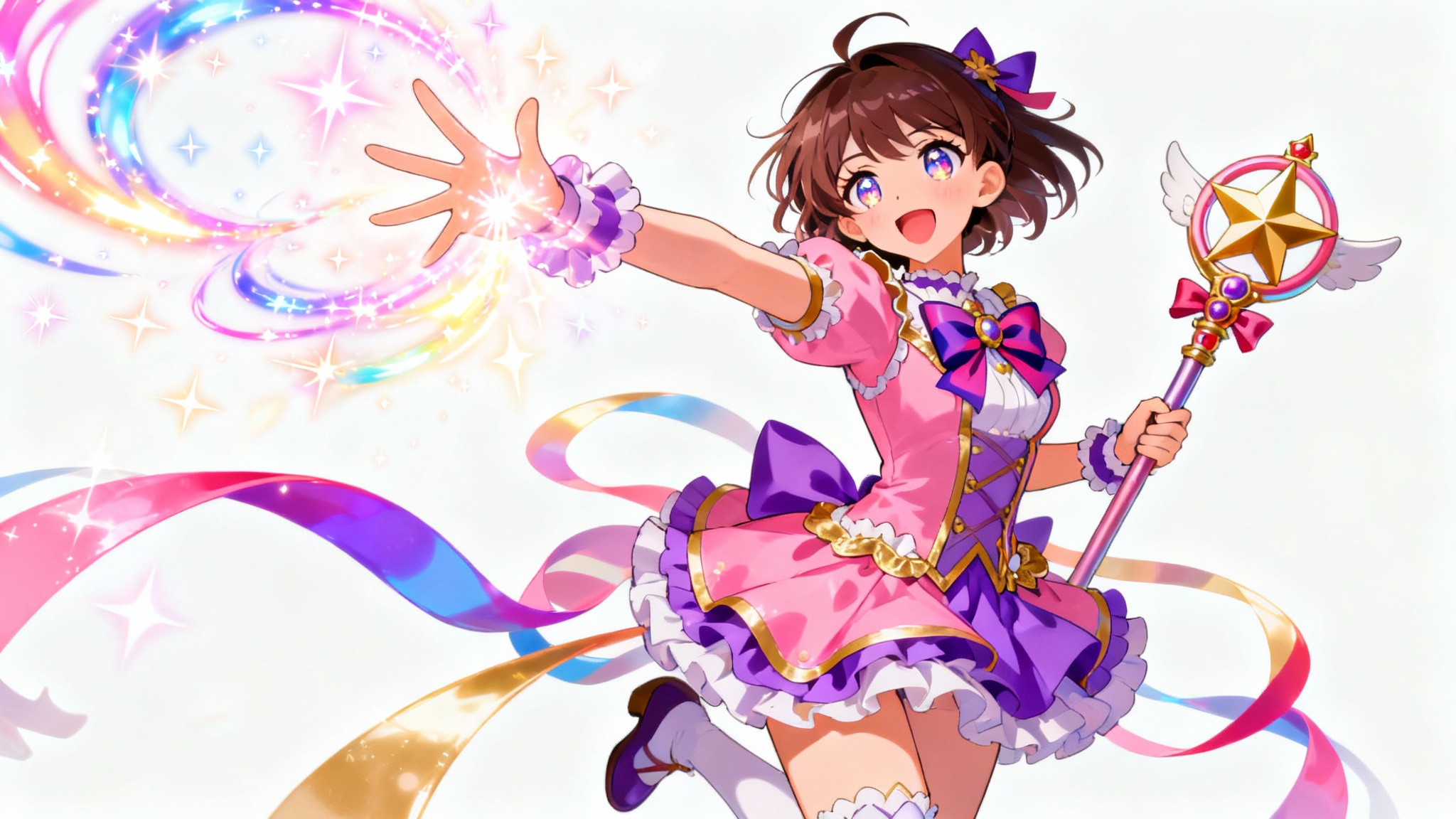 A full-body digital illustration of an anime magical girl in a dynamic, sparkling pose against a white background, demonstrating a character pose reference.