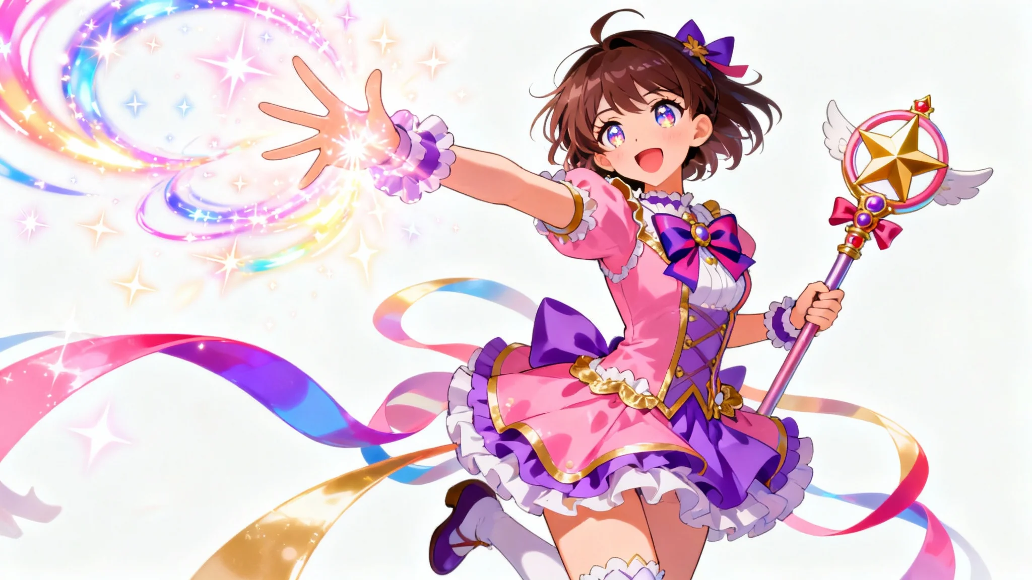 A full-body digital illustration of an anime magical girl in a dynamic, sparkling pose against a white background, demonstrating a character pose reference.