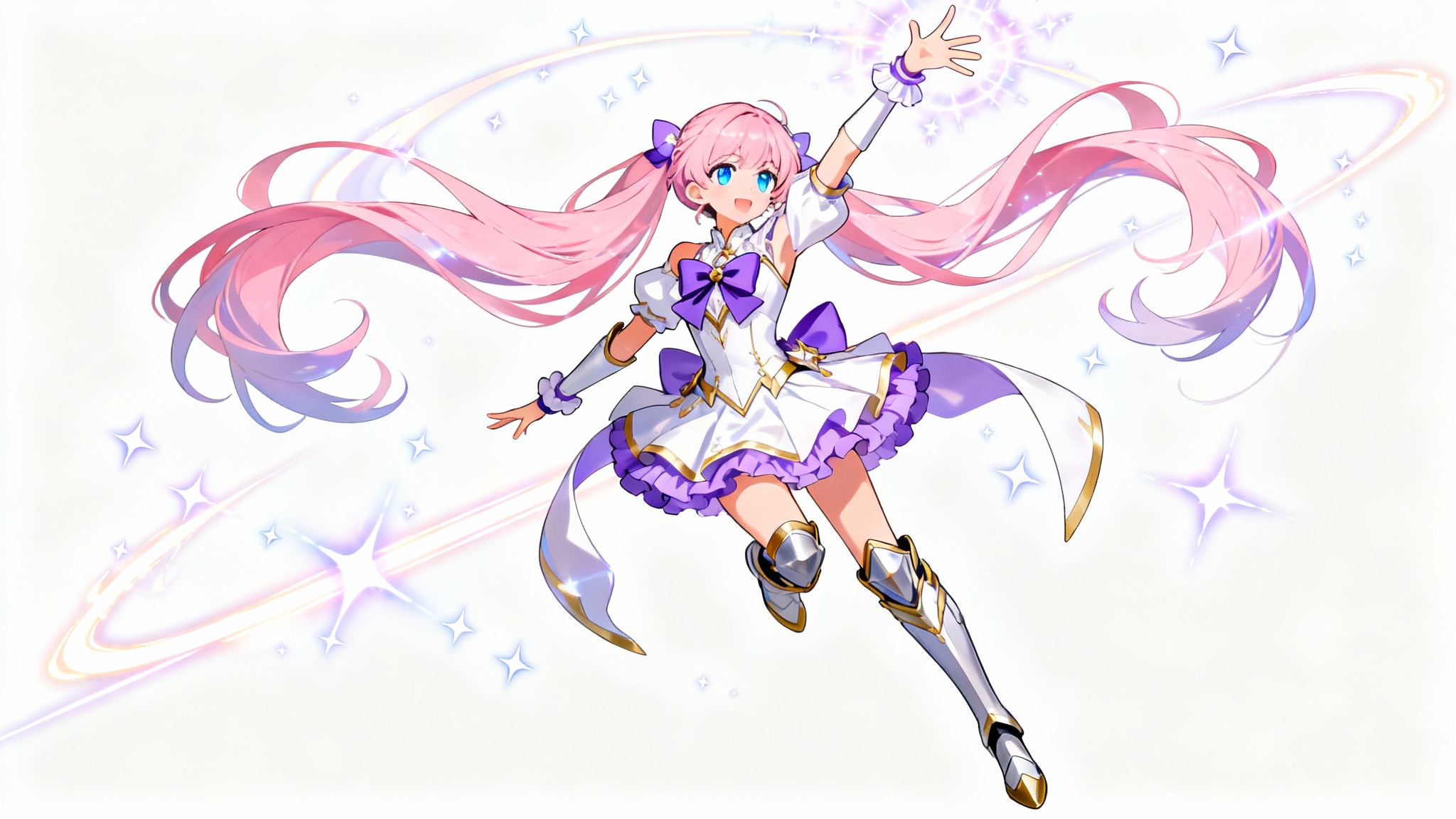 An anime magical girl with pink hair striking a dynamic pose against a white background, with swirls of light and sparkles around her, illustrating a reference pose for drawing.