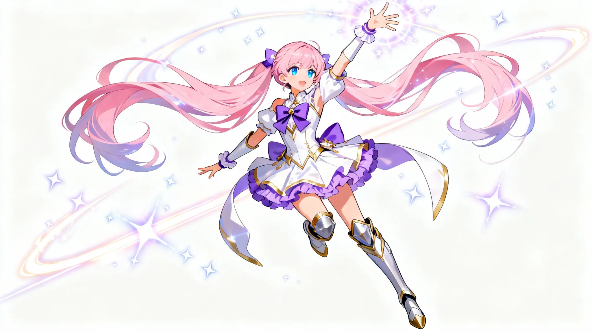 An anime magical girl with pink hair striking a dynamic pose against a white background, with swirls of light and sparkles around her, illustrating a reference pose for drawing.