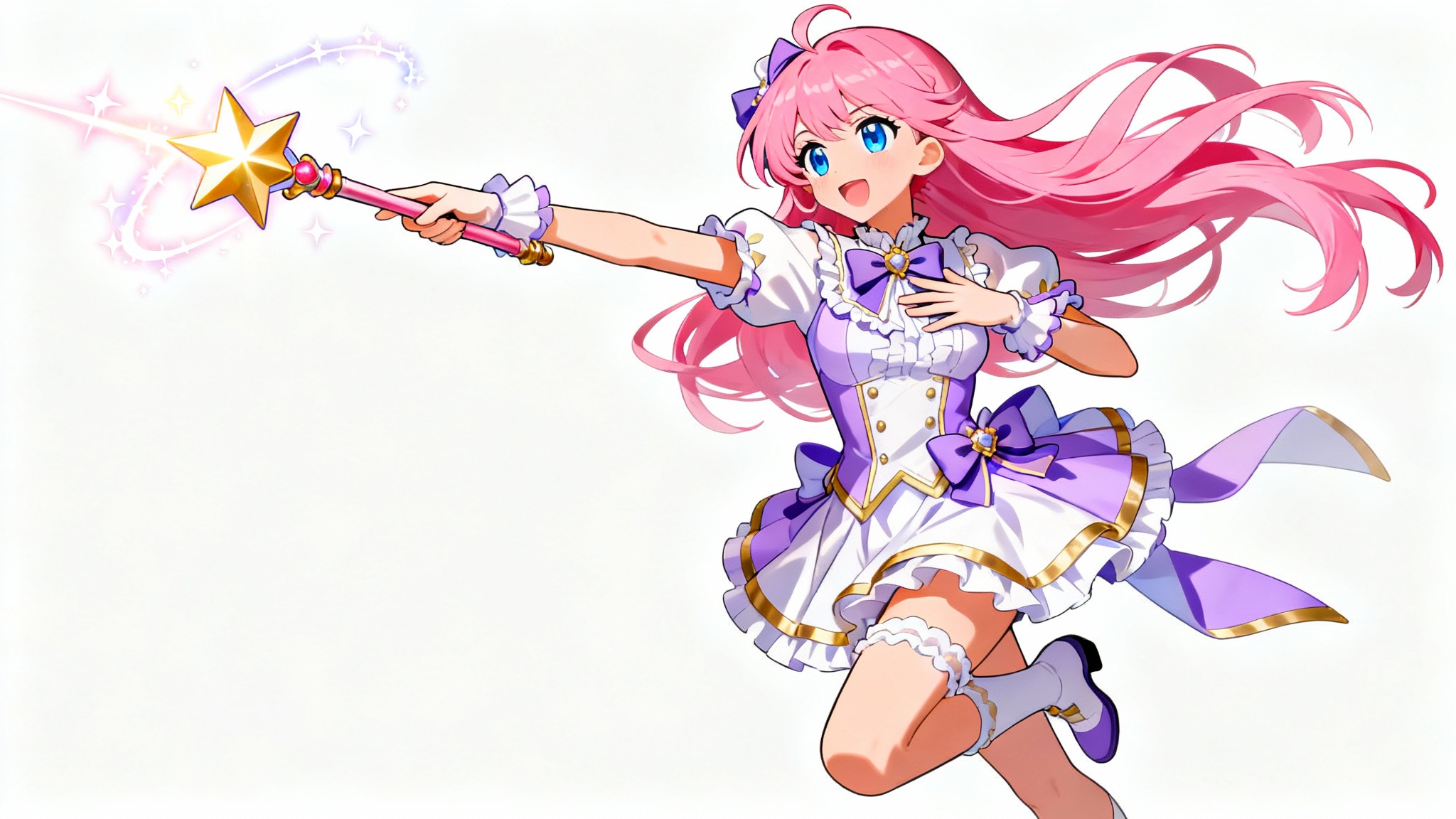 A full-body anime illustration of a magical girl with pink hair striking a dynamic, heroic pose against a white background, holding a glowing star wand.