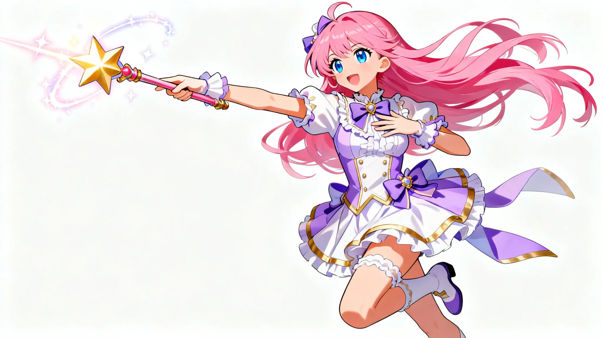 A full-body anime illustration of a magical girl with pink hair striking a dynamic, heroic pose against a white background, holding a glowing star wand.