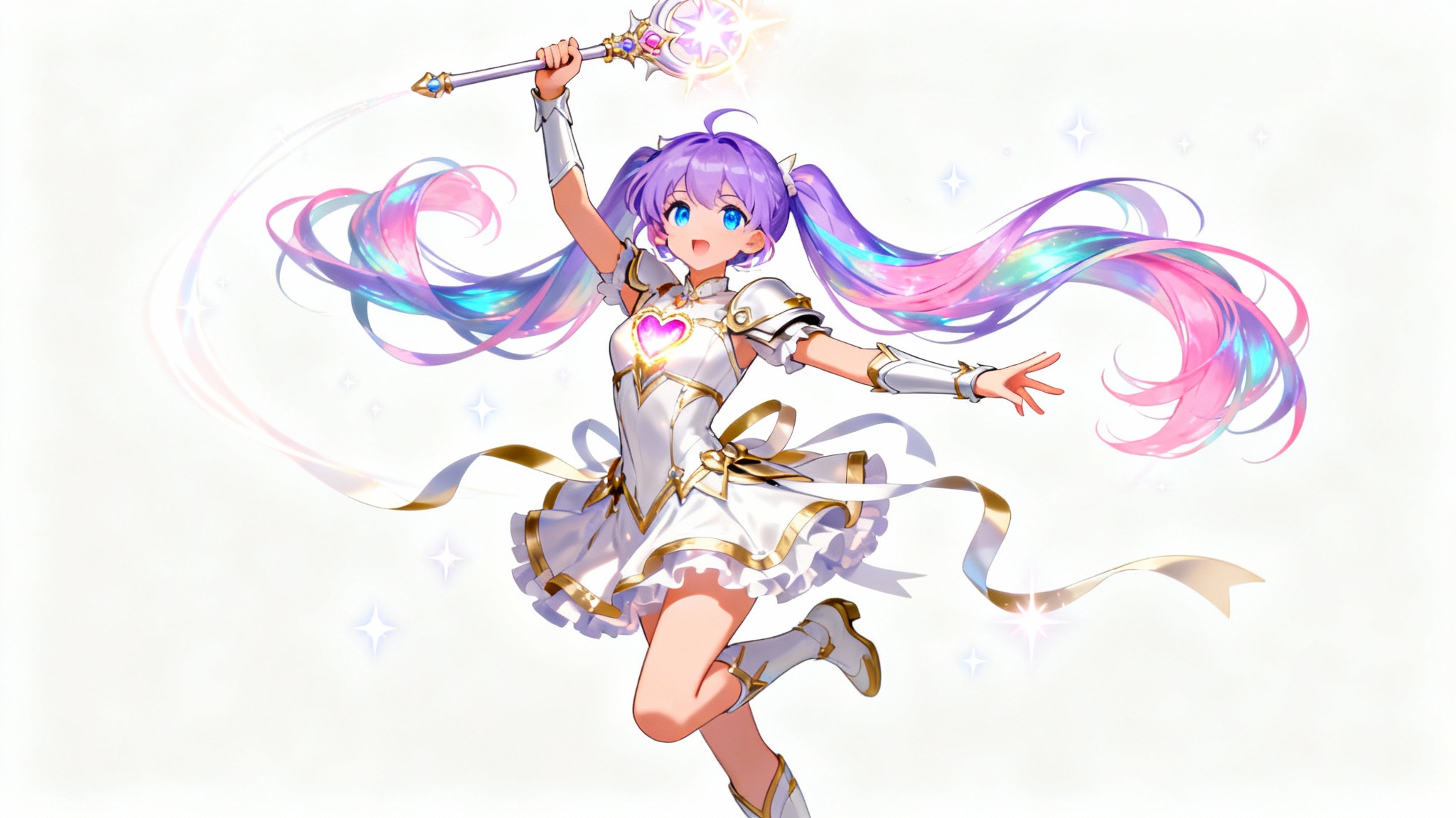 A full-body digital illustration of an anime magical girl in a dynamic pose against a white background, suitable for a drawing reference. She has long purple and pink hair, holds a glowing scepter, and is surrounded by magical sparkles.