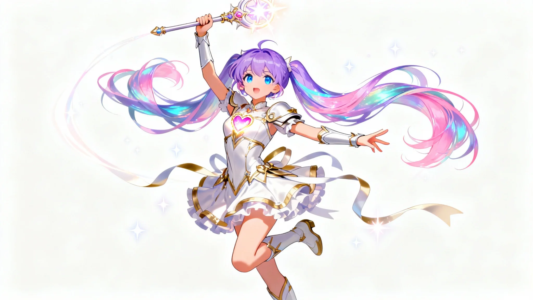 A full-body digital illustration of an anime magical girl in a dynamic pose against a white background, suitable for a drawing reference. She has long purple and pink hair, holds a glowing scepter, and is surrounded by magical sparkles.