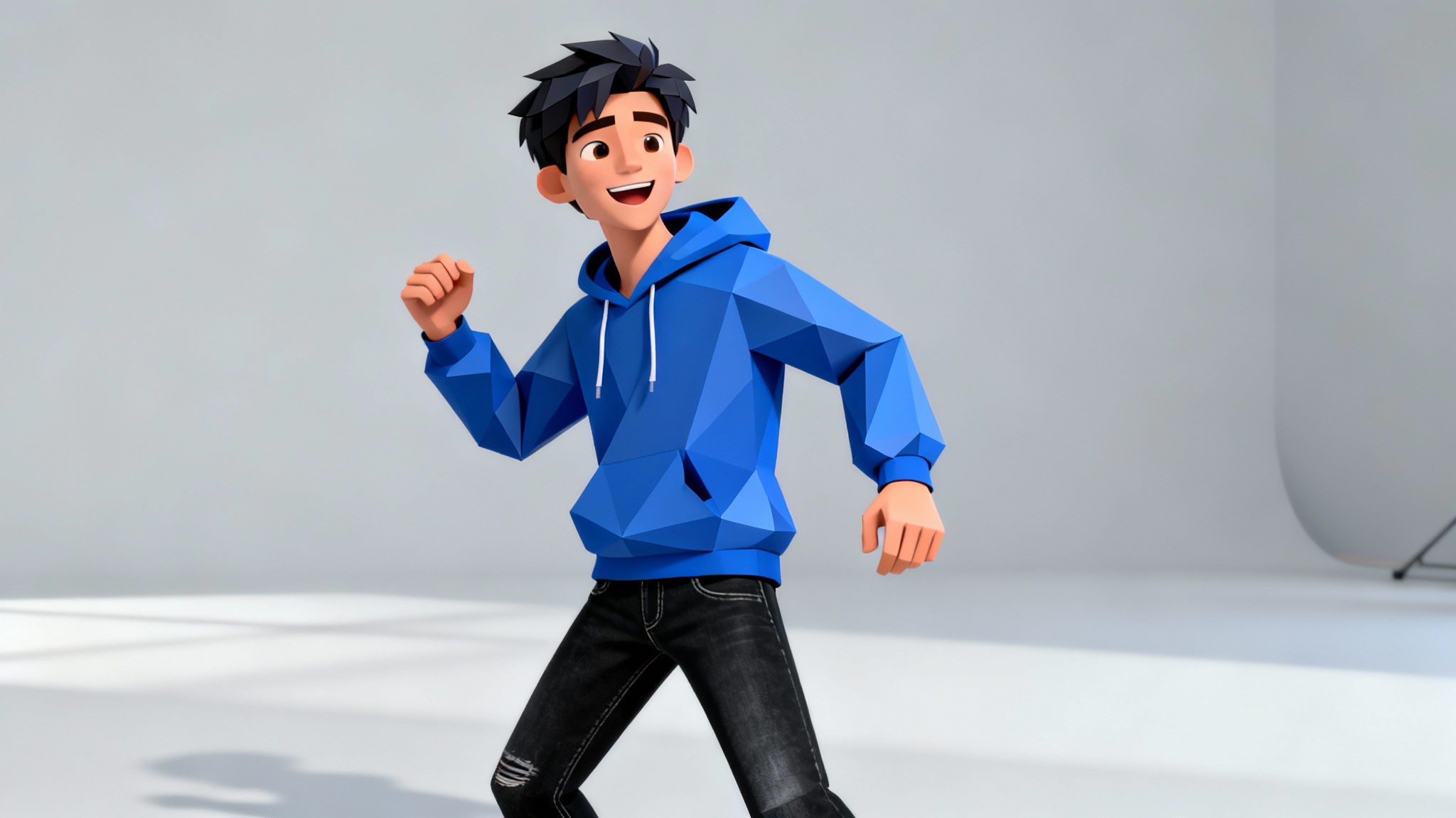 A polished 3D render of a low-poly character, a young man in a blue hoodie and black jeans, standing in a dynamic pose against a minimal grey studio background.